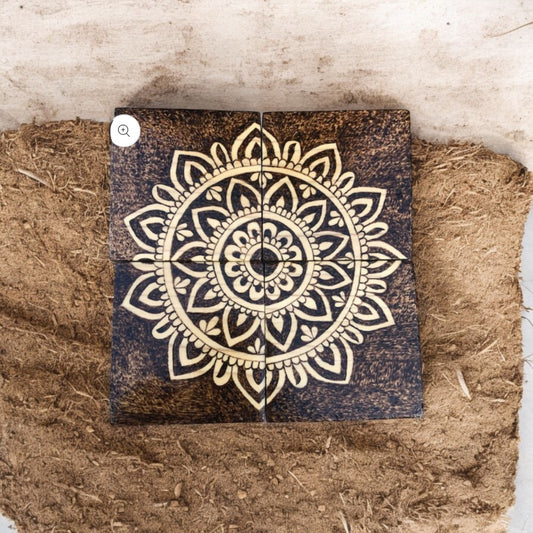 Set of 4 wood Block Coasters with Mandala 3.25"x 3.25"x 0.75"