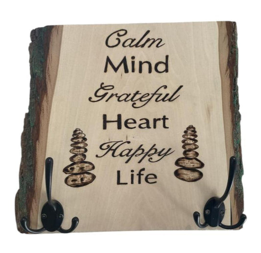 Calm Mind Grateful Heart Happy Life with Keys Coat Hooks 10.5"x8"x.75"