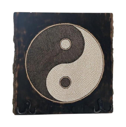 Yin Yang Wood Burned Acrylic Paint Combo Keys and Coat Hooks 12"x 11.75"