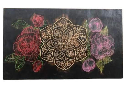 Mandala tallada rosas peonías madera hecha a mano arte de pared quemado