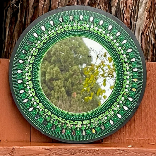 Espejo de pared Mandala de arte de puntos con tonos de pintura acrílica verde decoración de oficina en el hogar