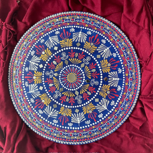 Mandala con espejos Arte de puntos con tonos de azul, dorado, rojo, blanco, decoración de pared hecha a mano para el hogar y la oficina