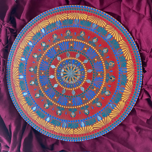 Mandala con espejos Arte de puntos con tonos de azul, verde, rojo, dorado, decoración de pared hecha a mano para el hogar y la oficina