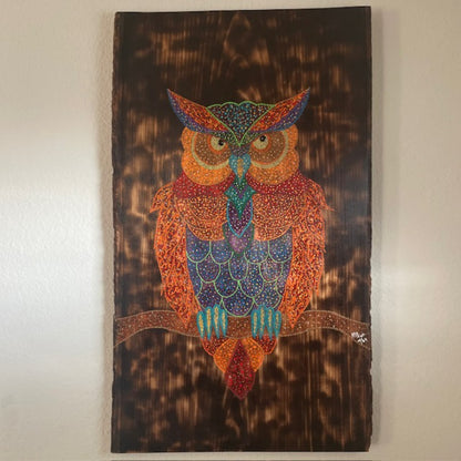 OWL Dot Art on a Basswood Live Edge with Wood Burned Background