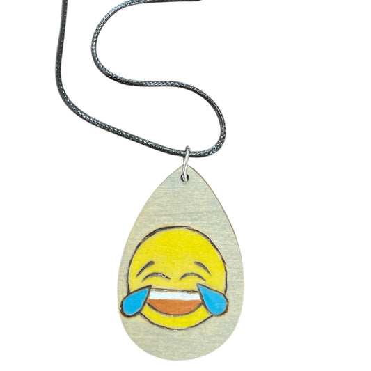 Necklace Laughing Crying Emoji Hand Painted Lightweight 18" Rope Teardrop Style LOL