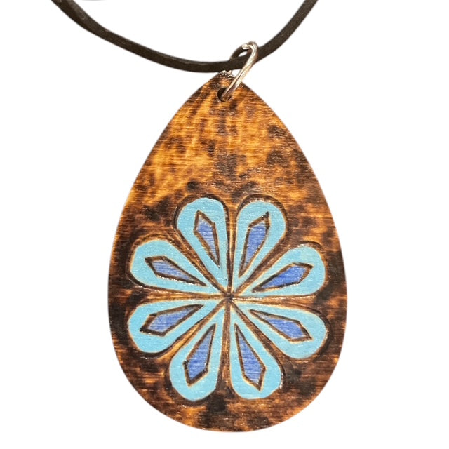 Necklace Blue Flower Hand Painted Lightweight 18" Rope Teardrop Style