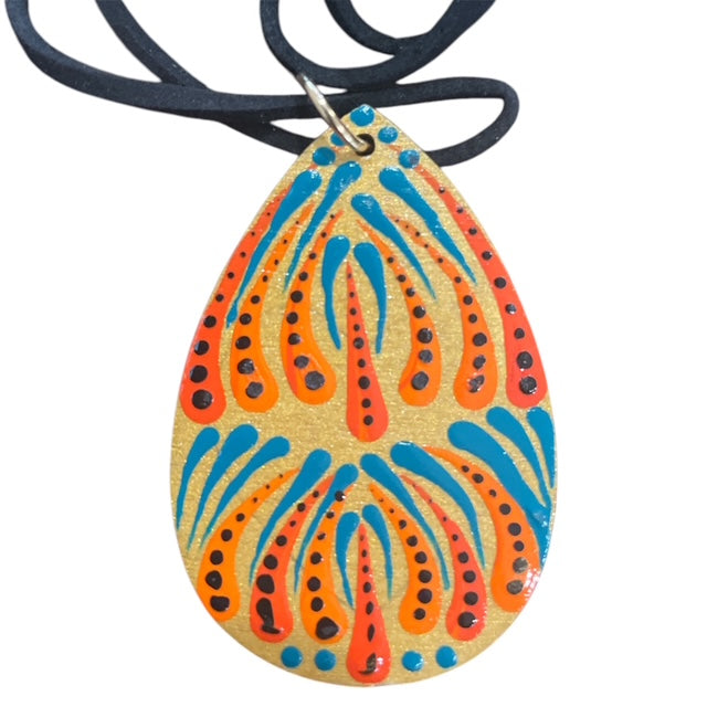 Necklace Orange and Teal Hand Painted Lightweight 18" Rope Teardrop Style