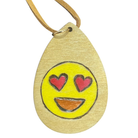 Necklace Heart Eyes Smiley Emoji Hand Painted Lightweight 18" Rope Teardrop Style