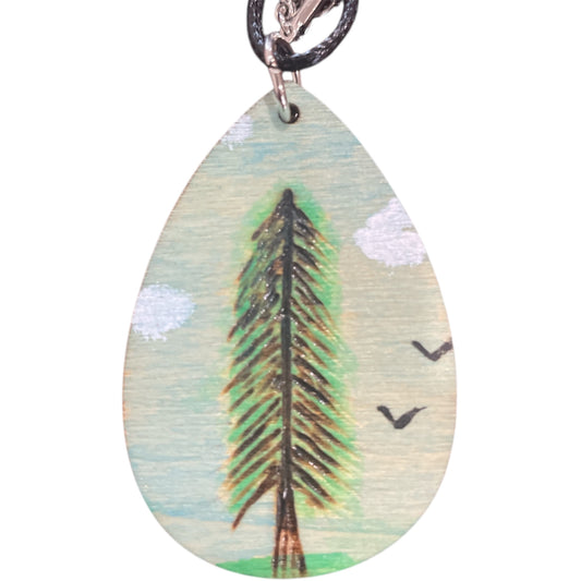 Necklace Pine Tree Hand Painted Lightweight 18" Rope Teardrop Style