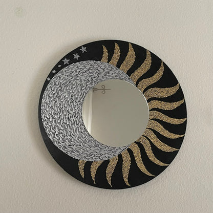 Sun Moon Stars Wall Mirror Dot Art Gold and Silver Acrylic Painting