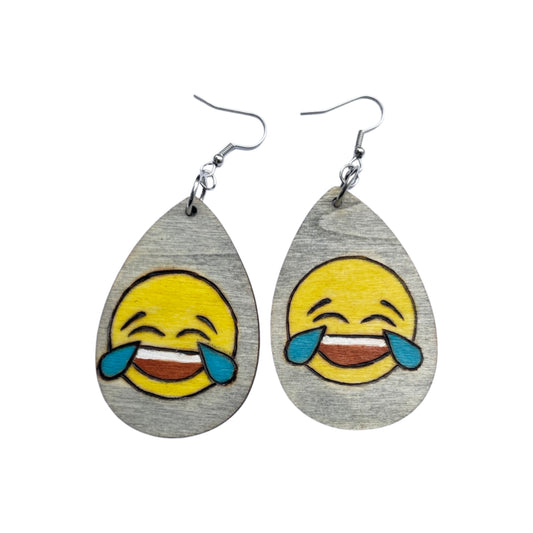 Laughing Emoji Earrings Wood Burned painted Light Weight Teardrop