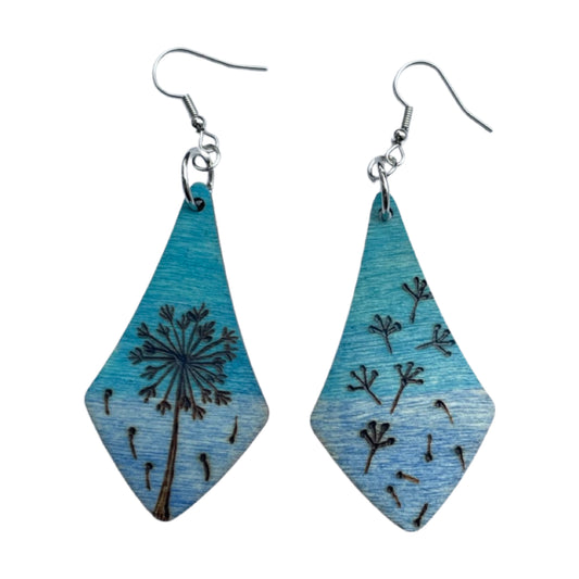 Make a Wish Earrings Handmade Wood Burned and painted Light Weight Teardrop