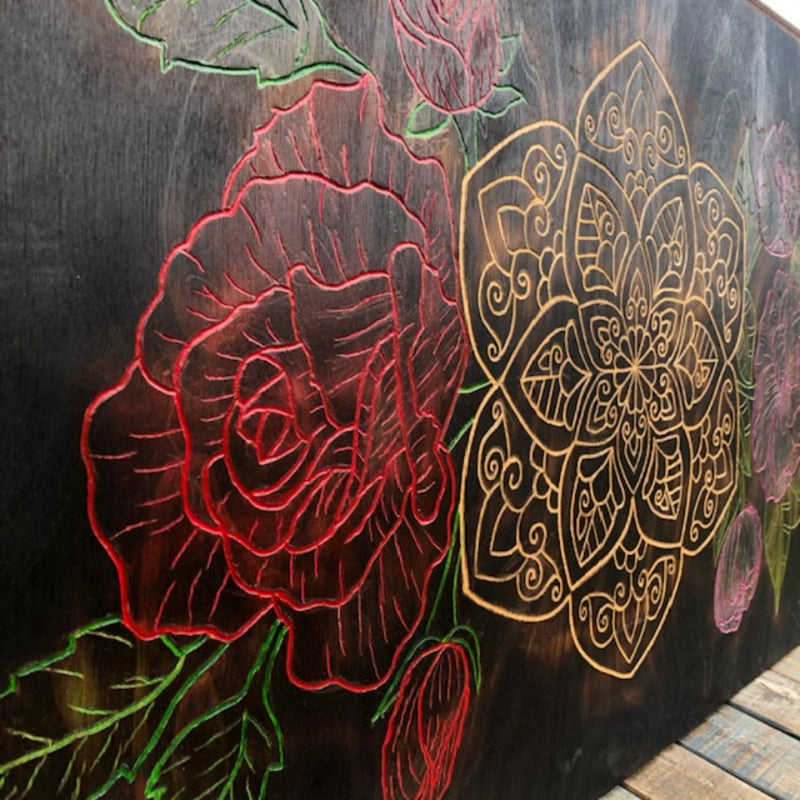 Carved Mandala Roses Peonies Handmade Wood Burned Wall Art East