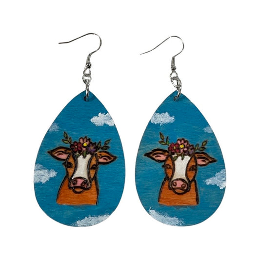 Cow Floral Earrings Wood Burned and painted Light Weight Teardrop