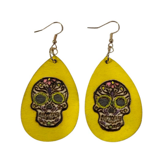 Pendientes de calavera hechos a mano madera quemada y pintada moda lágrima ligera